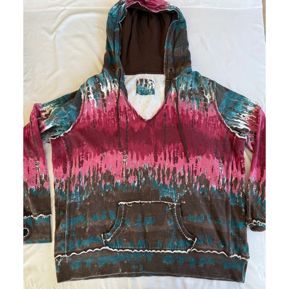Maurices Hoodie Size 3 Brown Pink Teal Tie Dye Raw Edge Boho Grunge Pullover